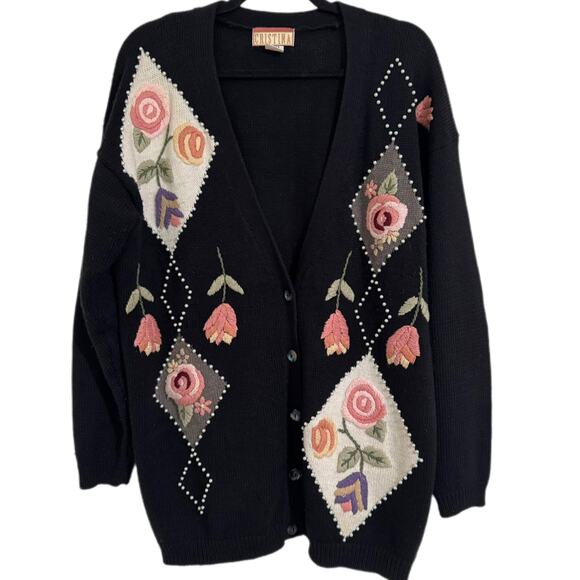 Vintage Sweaters - Vintage Cristina Embroidered 3D Knit Floral Beaded Cardigan Large Button Whimsy